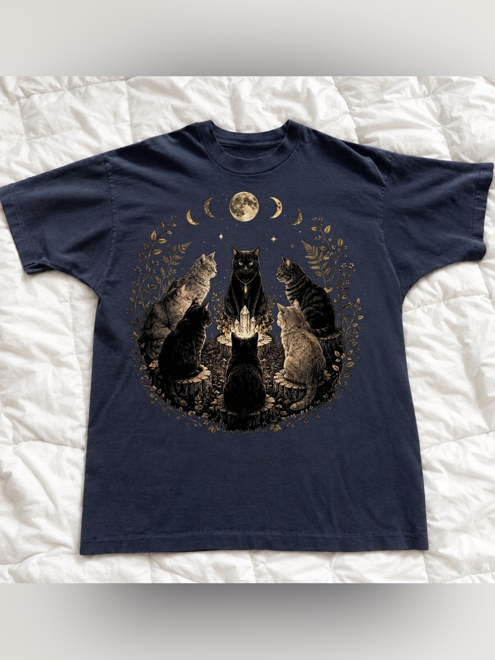 Mystical Cats Crystal T-Shirt - Black Vintage Style For Unisex